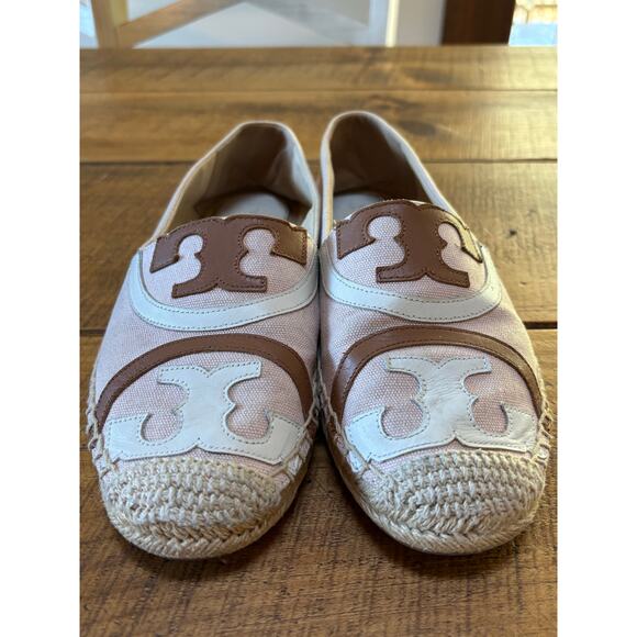 Tory Burch Poppy Espadrille Canvas Leather Tan Logo Womens Flat Shoes Size 8 - Picture 11 of 11